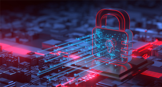 Digital 3D padlock glowing on a circuit board with blue data streams and red lighting.